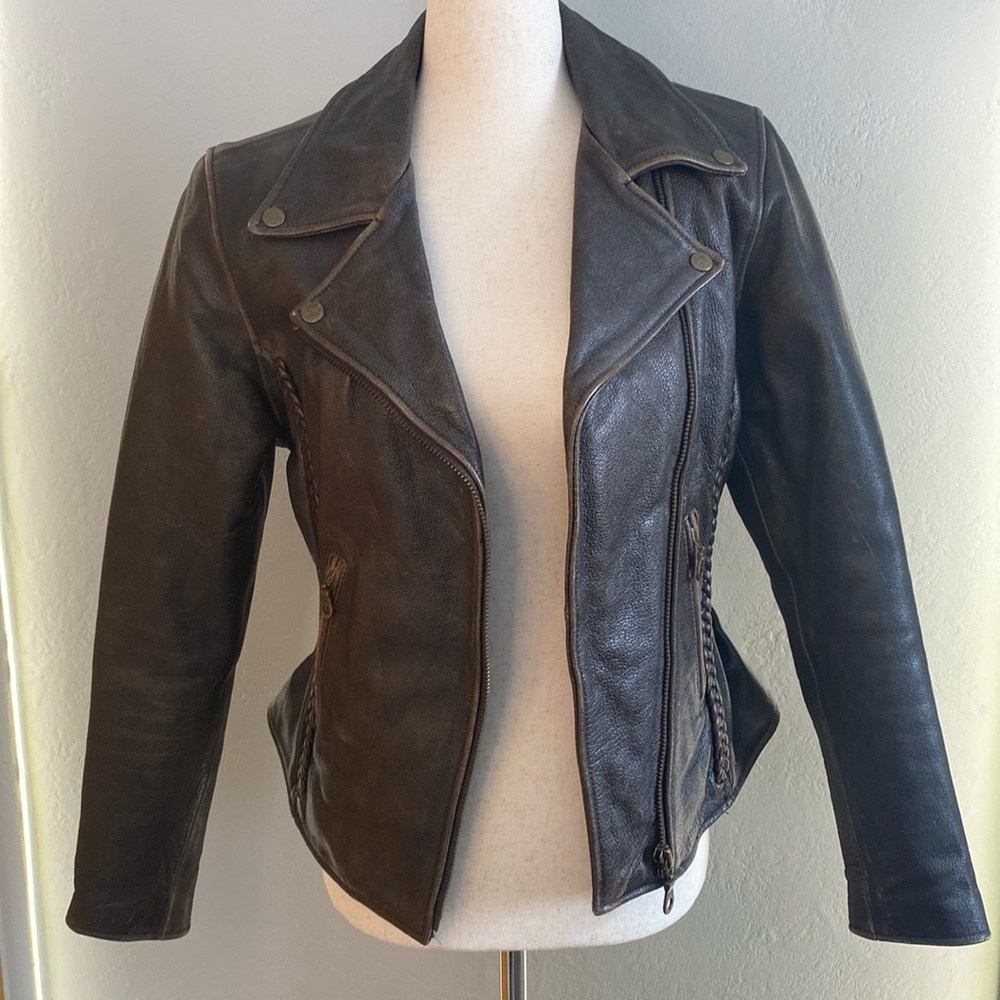 Vintage Chrome Gear Leather Motorcycle Jacket- Brown- Women Sz XS - Picture 2 of 13